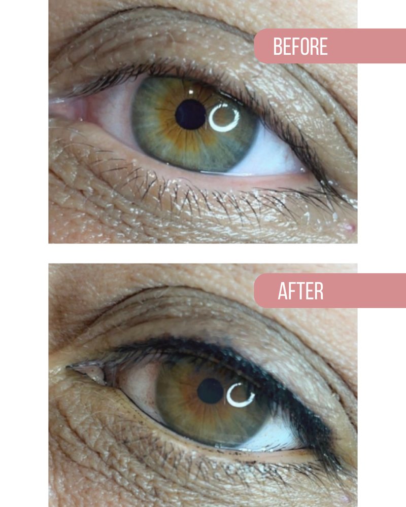 Eyeliner before, above, and after, below